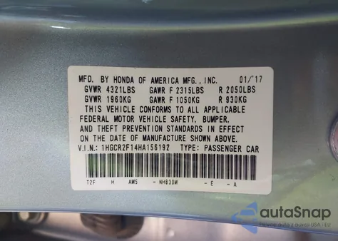 2017 Honda Accord Sport Se from USA, damaged, VIN 1HGCR2F14HA156192